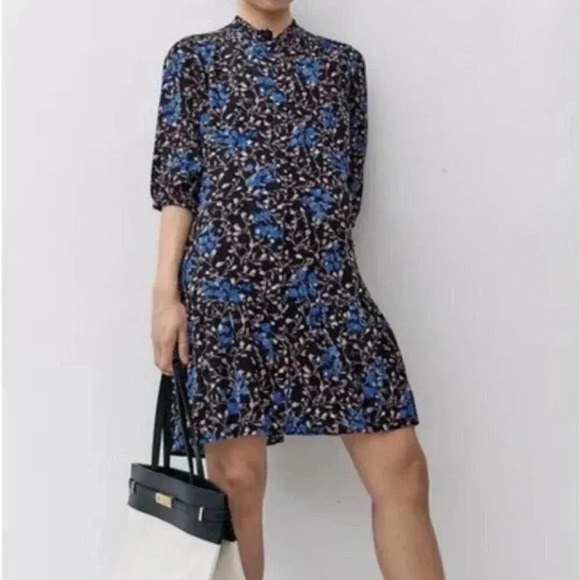 Saloni The Tyra Mini Dress Pure Silk Ruffled Drop Waist Floral Black Blue US 12 - Picture 13 of 13